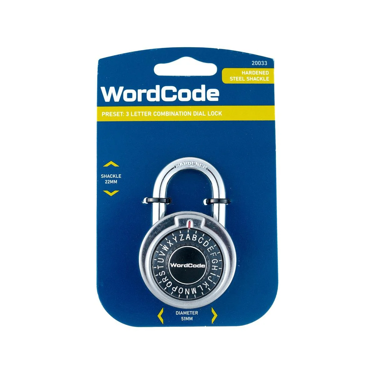 Wordcode 3 Letter Combination Dial Lock - 51mm - Silver - Hardened Steel Shackle