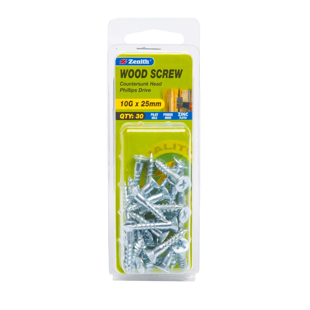 Zenith 10G x 25mm Zinc Plated Countersunk Head Wood Screws – 30 Pack