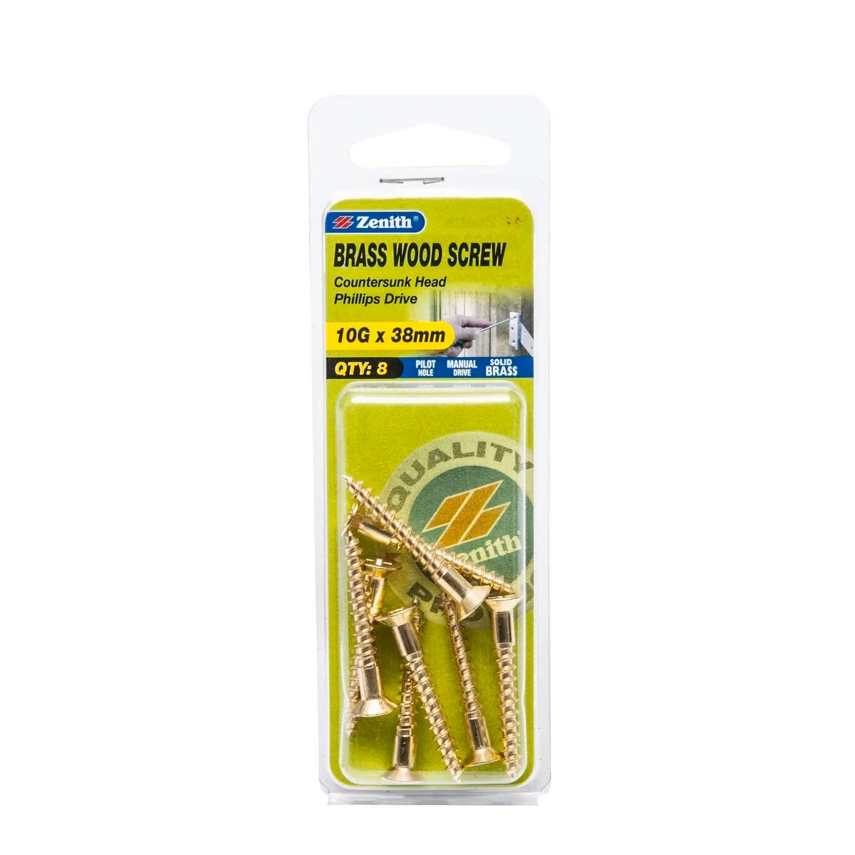 Zenith 10G x 40mm Solid Brass Countersunk Head Wood Screws – 8 Pack