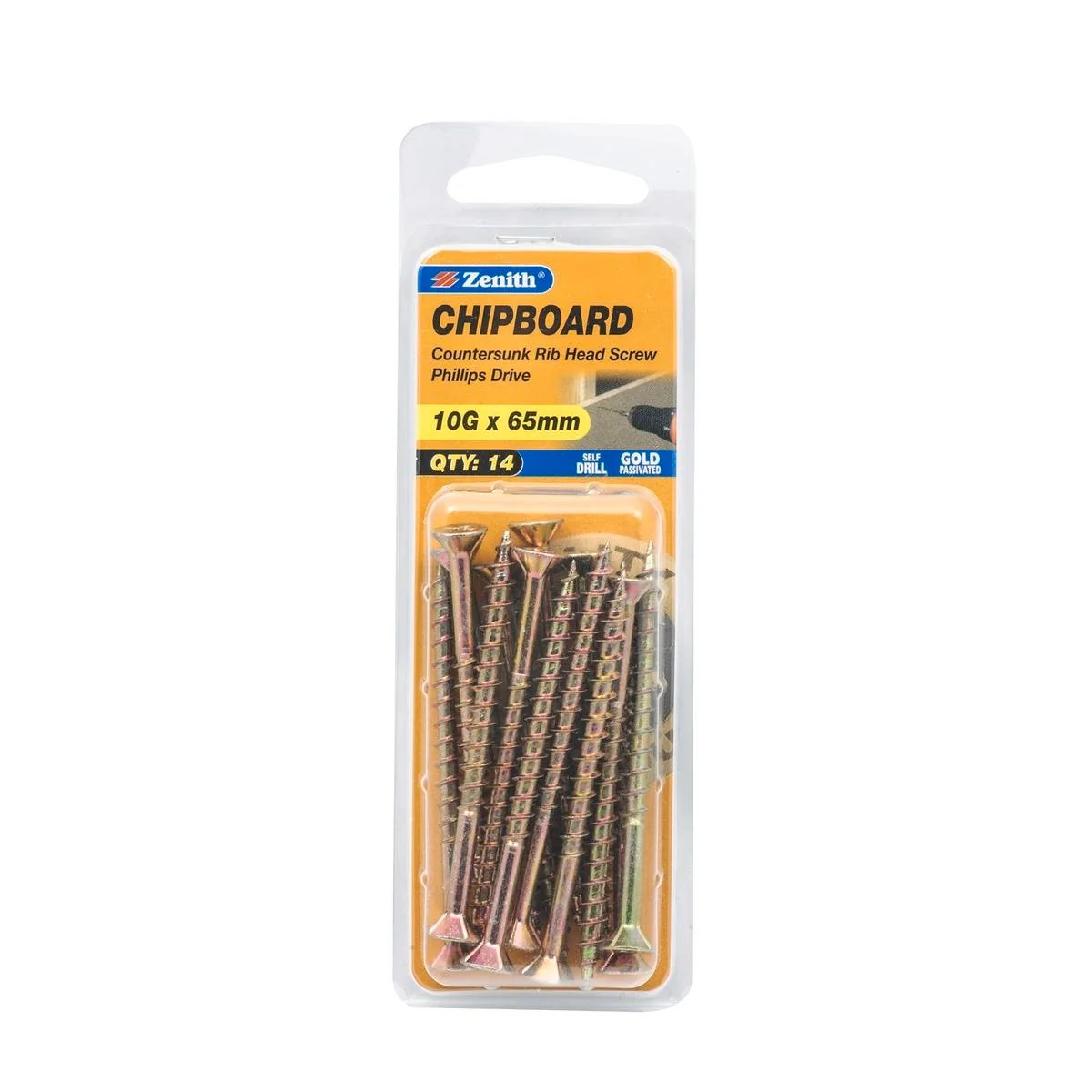 Zenith 10g x 65mm Gold Passivated Countersunk Rib Head Screws - 14 Pack - Self-Drilling - Maximum Grip