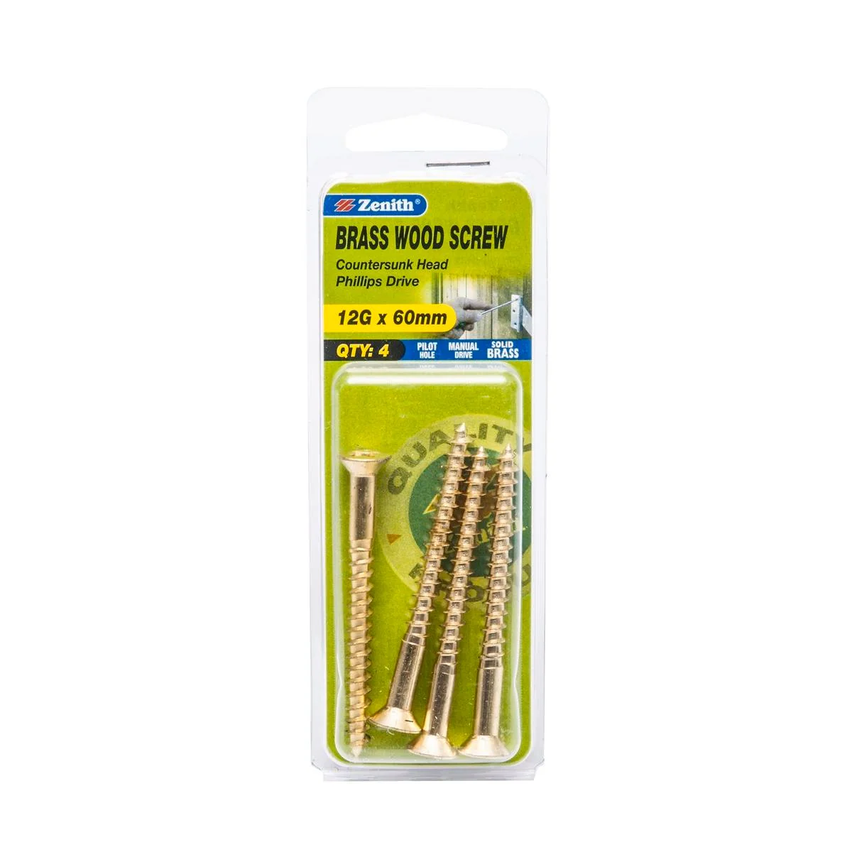 Zenith 12G x 60mm Solid Brass Countersunk Head Wood Screws – 4 Pack