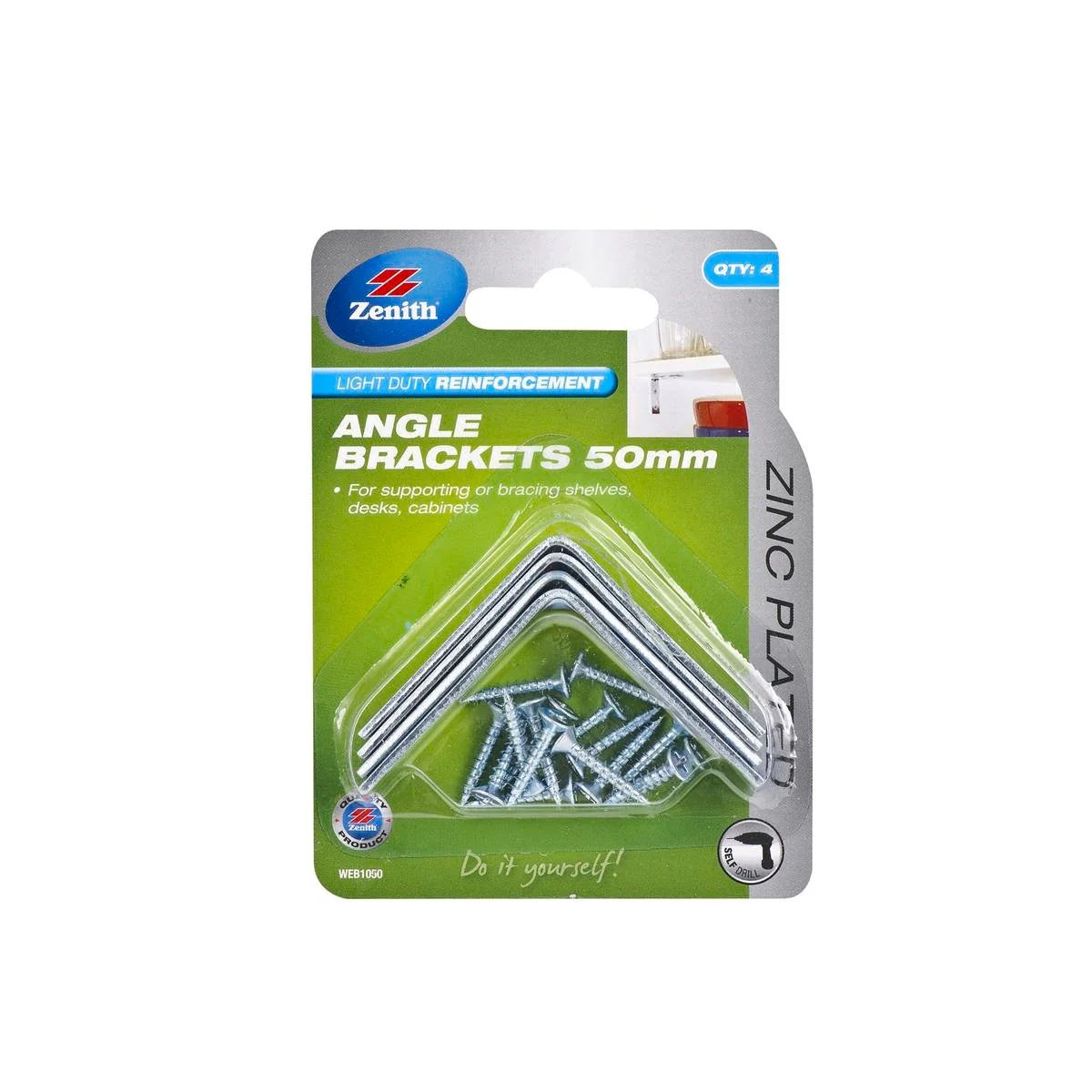 Zenith 50mm Zinc Plated Angle Brackets 4 Pack - Steel - Corrosion Resistant