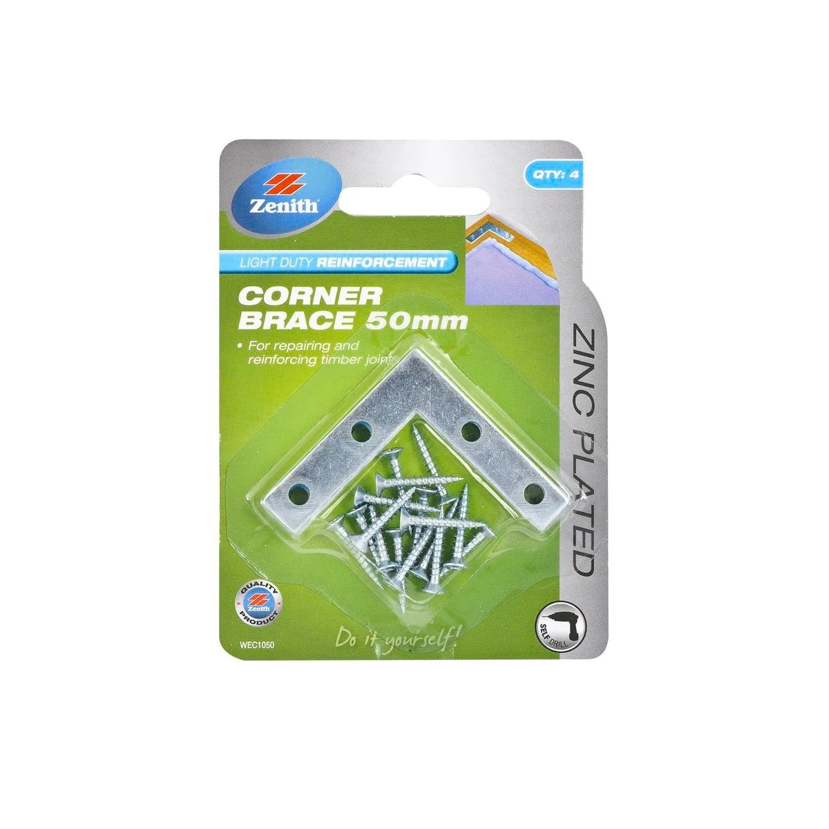 Zenith 50mm Zinc Plated Corner Brace Bracket 4 Pack Steel Reinforcement