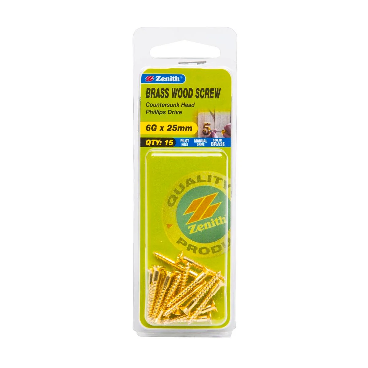Zenith 6G x 25mm Solid Brass Countersunk Head Wood Screws – 15 Pack