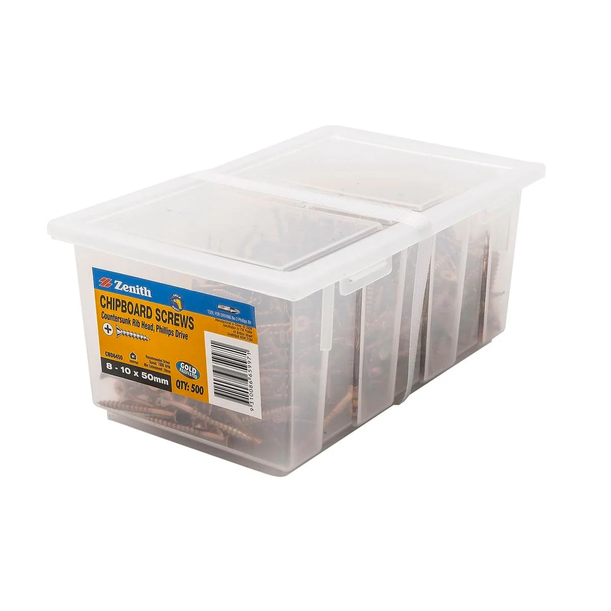 Zenith 8g x 50mm Gold Passivated Chipboard Screws - 500 Pack - Countersunk Head