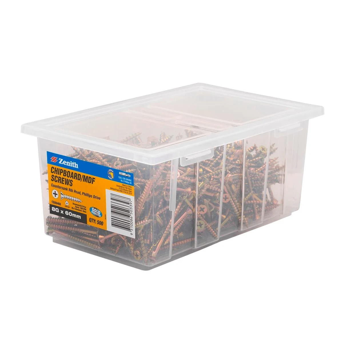 Zenith 8g x 60mm Countersunk Rib Head Chipboard Screws - 500 Pack - Gold - Self-Drilling