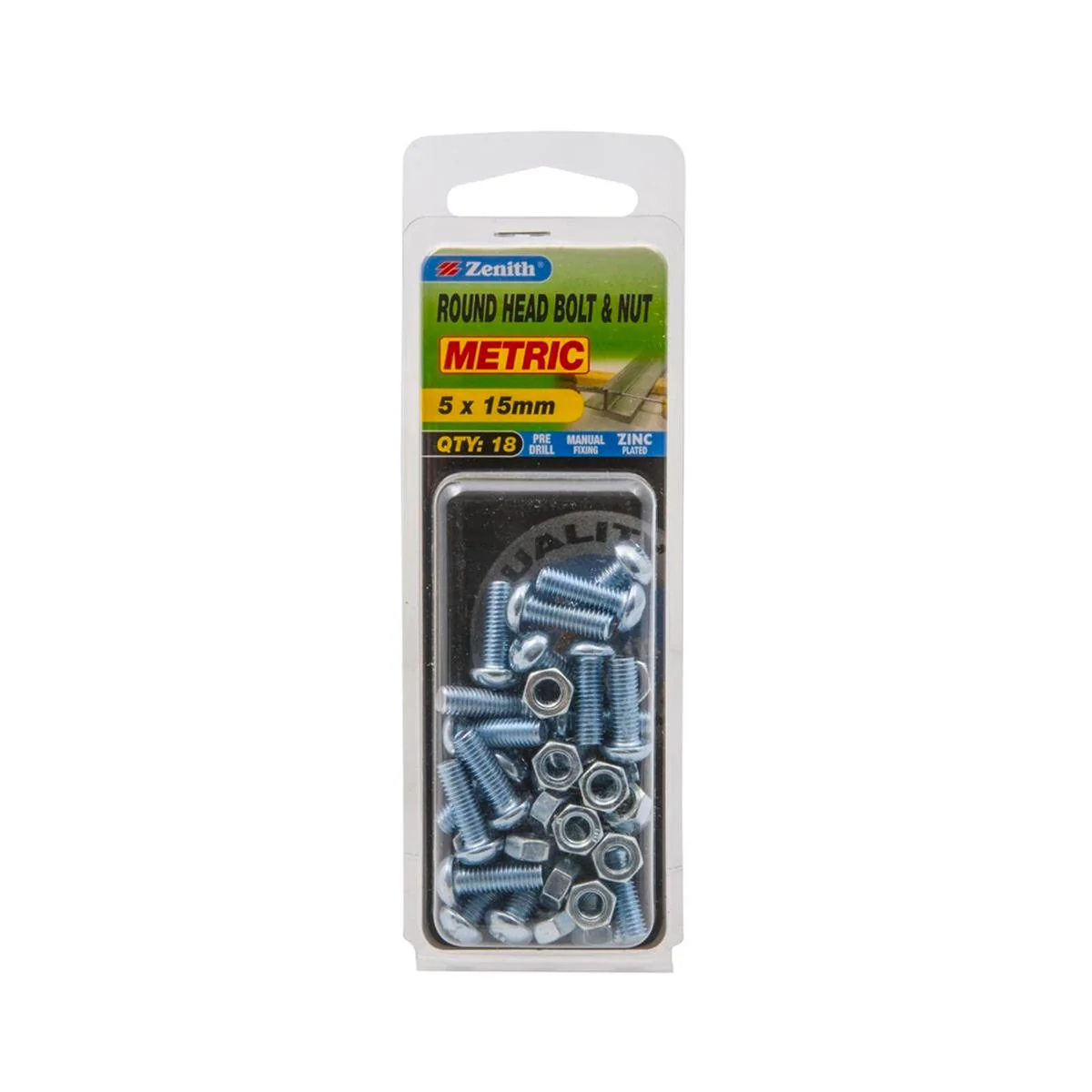 Zenith Bolt and Nut - 5 x 15mm - Zinc Plated - Round Head - 18 Pack