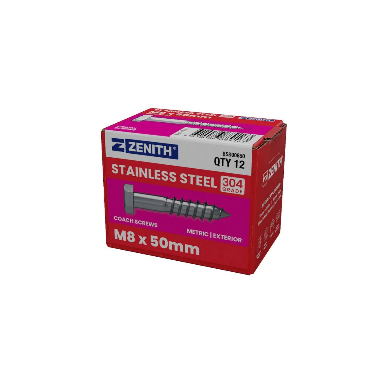 Zenith Coach Screws - M8 x 50mm - Stainless Steel 304 - Heavy Duty - 12 Pack