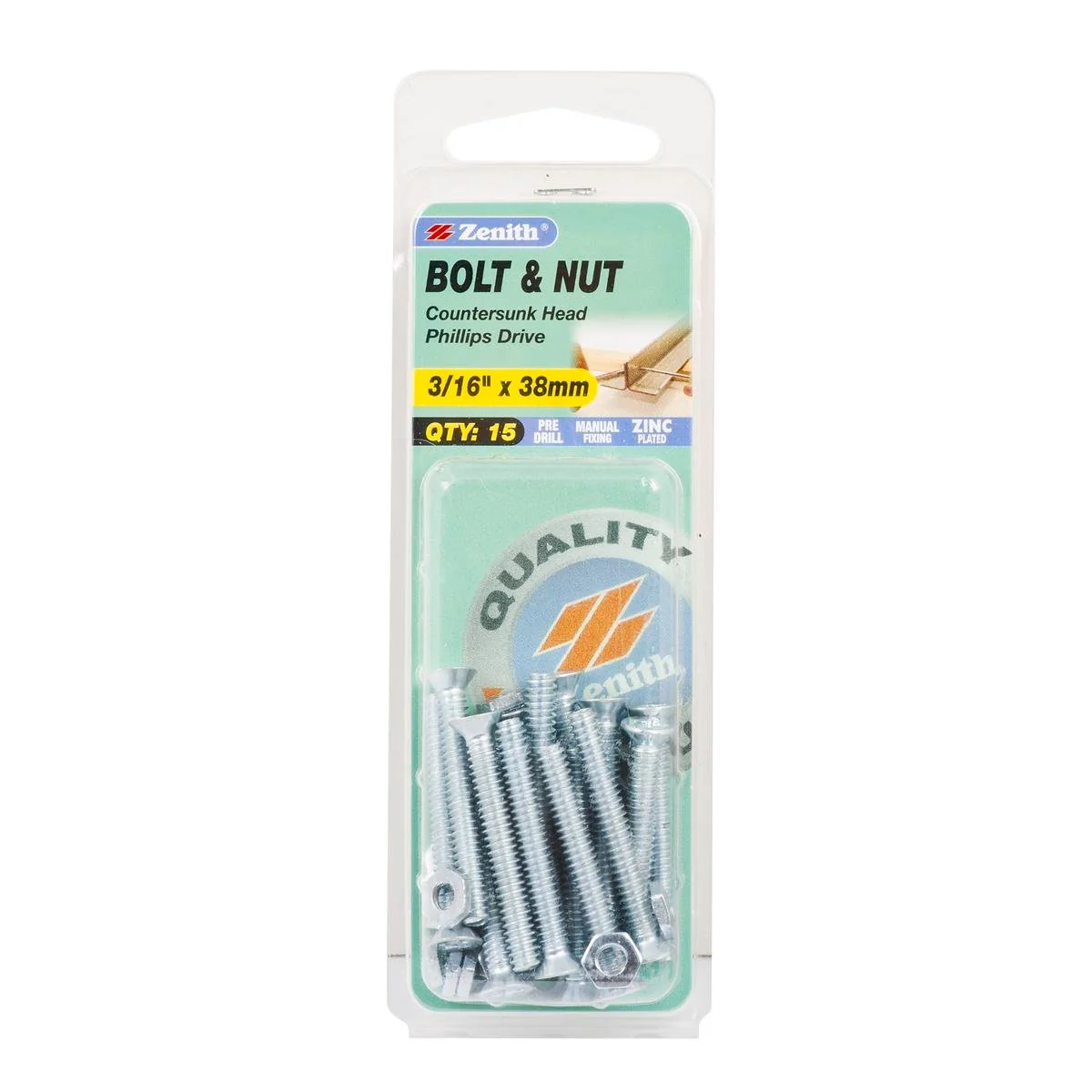 Zenith Countersunk Bolt & Nut - 3/16 x 38mm - Zinc Plated - Flush Finish - 15 Pack