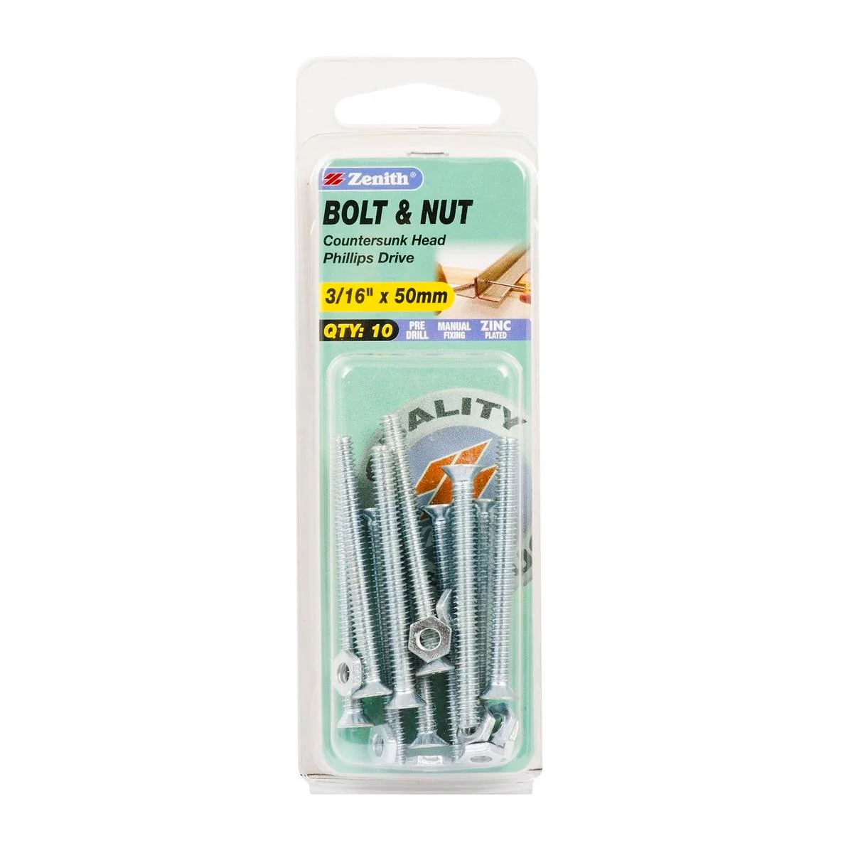 Zenith Countersunk Bolt & Nut - 3/16 x 50mm - Zinc Plated - Flush Finish - 10 Pack