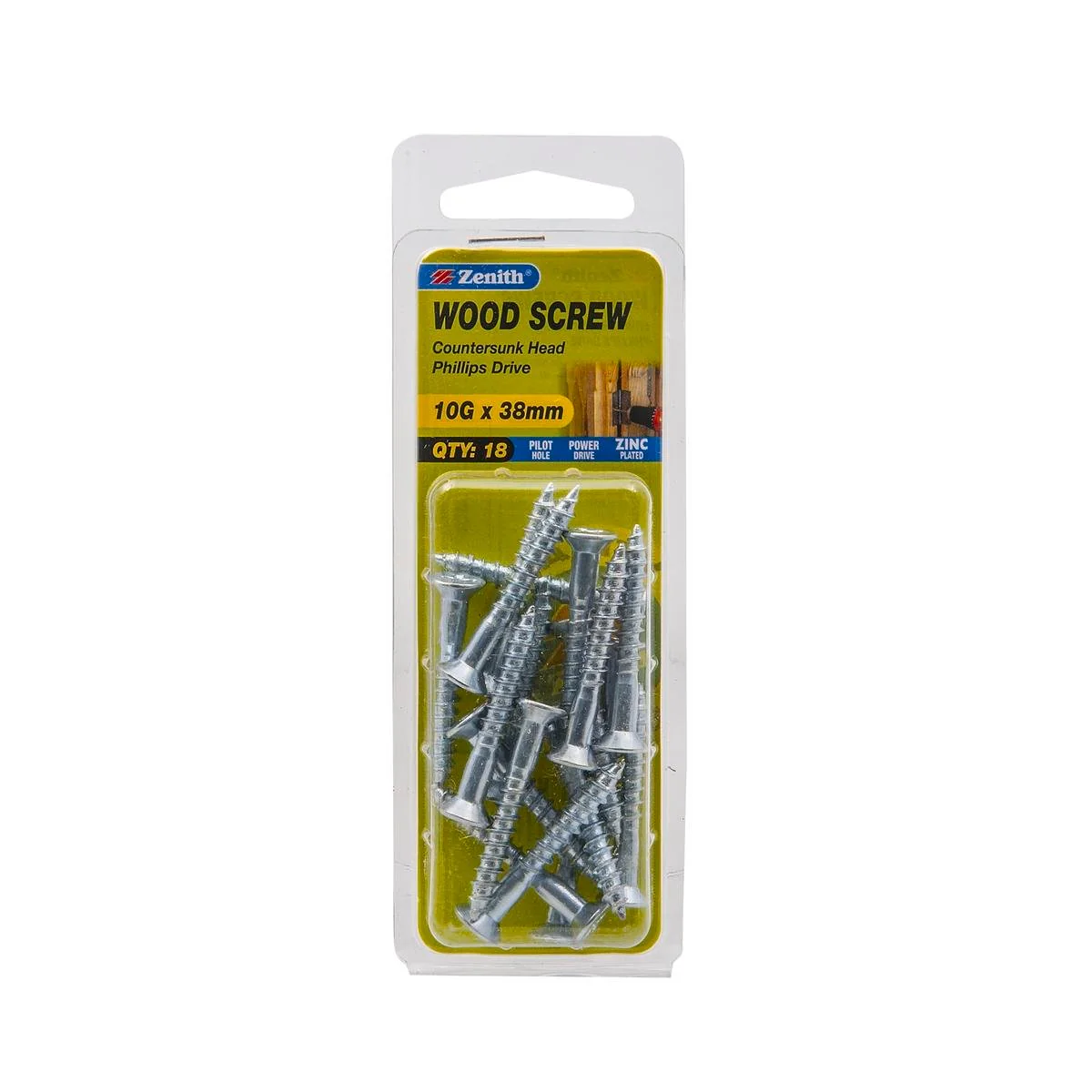 Zenith Countersunk Head Wood Screws 10g x 38mm - Zinc Plated - 18 Pack