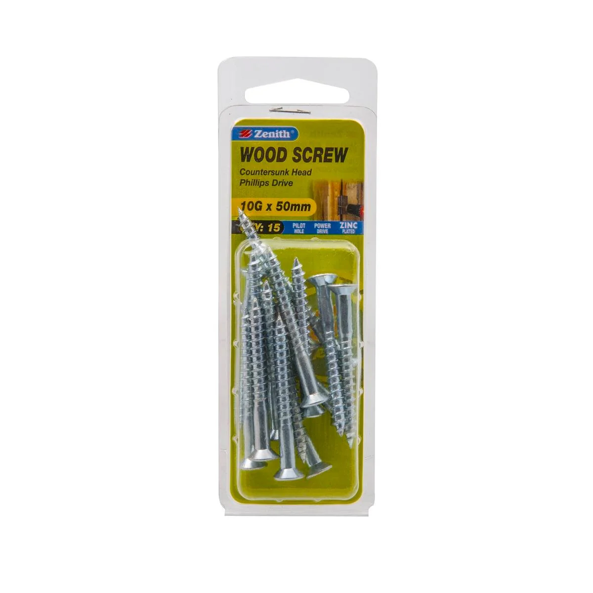 Zenith Countersunk Head Wood Screws - 10g x 50mm - Zinc Plated - 15 Pack