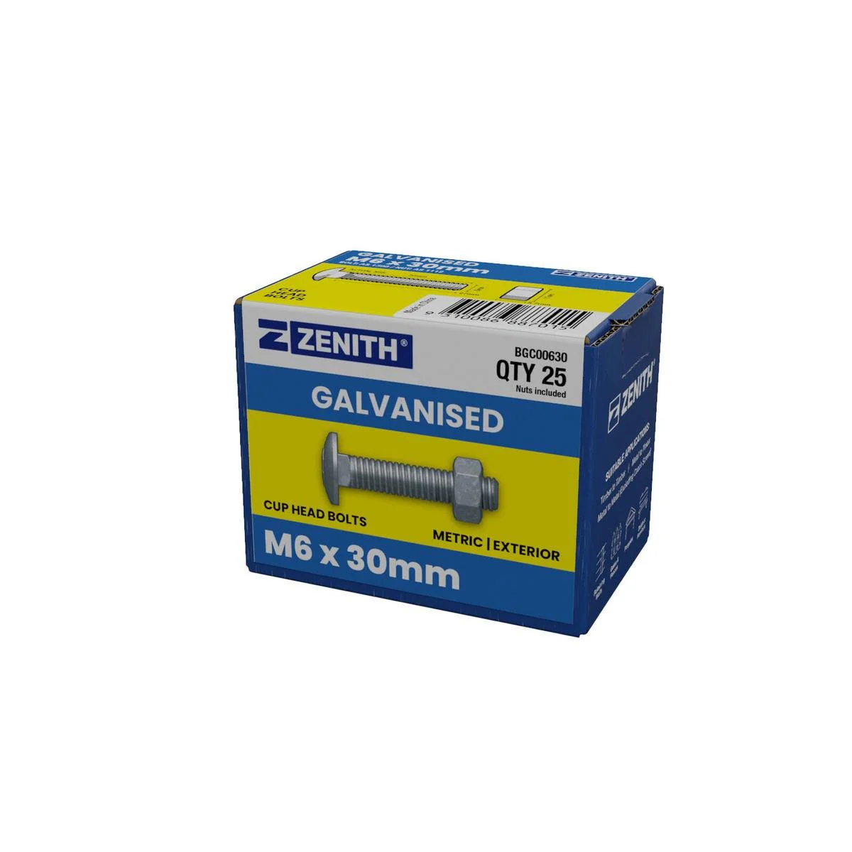 Zenith Cup Head Bolt - M6 x 30mm - Hot Dipped Galvanised - 25 Pack