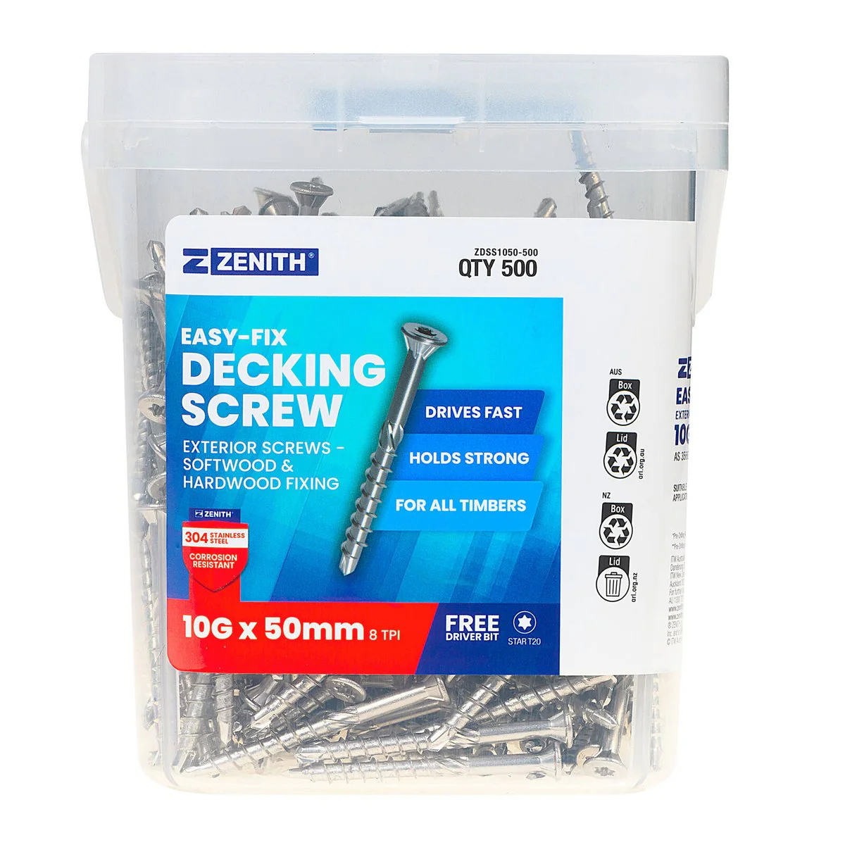 Zenith Easy Fix Decking Screw - T20 Star Head - 10g x 50mm - SS304 - 500 Pack