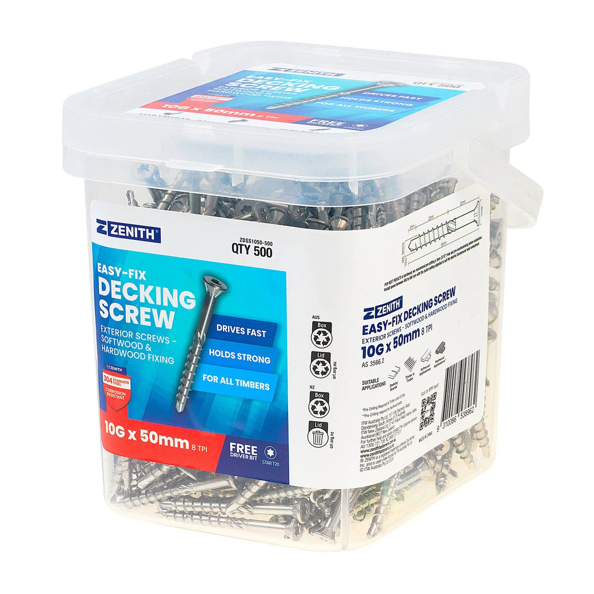 Zenith Easy Fix Decking Screw - T20 Star Head - 10g x 50mm - SS304 - 500 Pack - Image 2