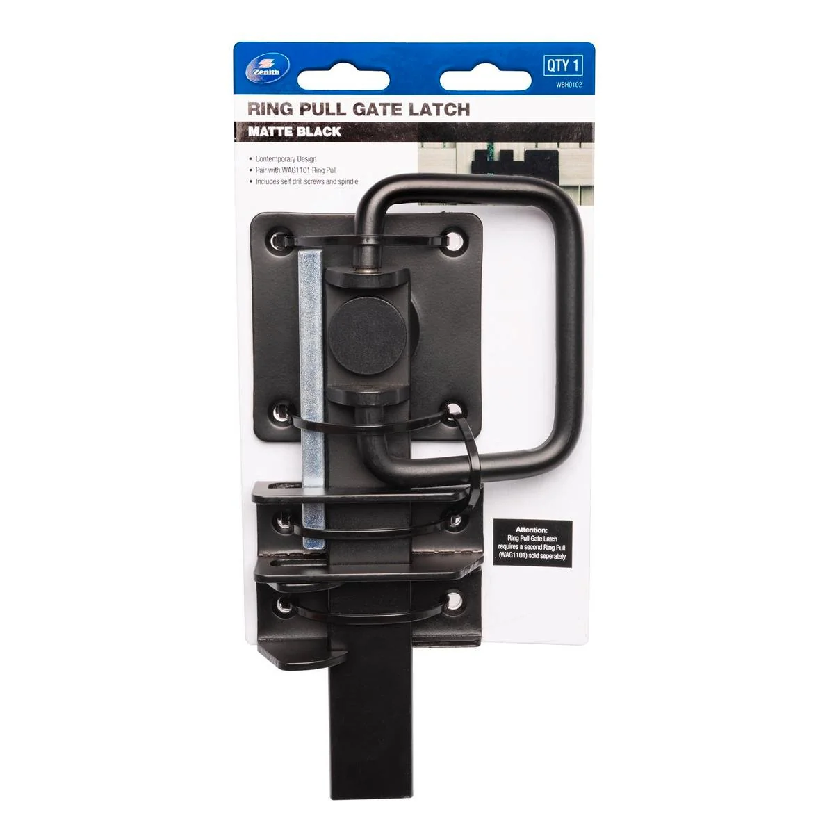 Zenith Matte Black Ring Pull Gate Latch - 115mm x 32mm x 210mm - Steel