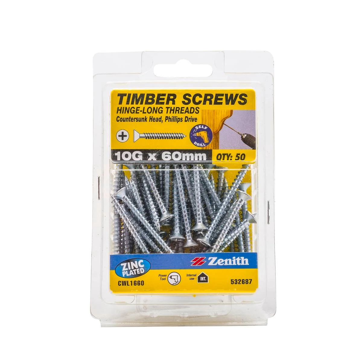 Zenith Hinge Long Thread Screw - 10g x 60mm - Zinc Plated - 50 Pack