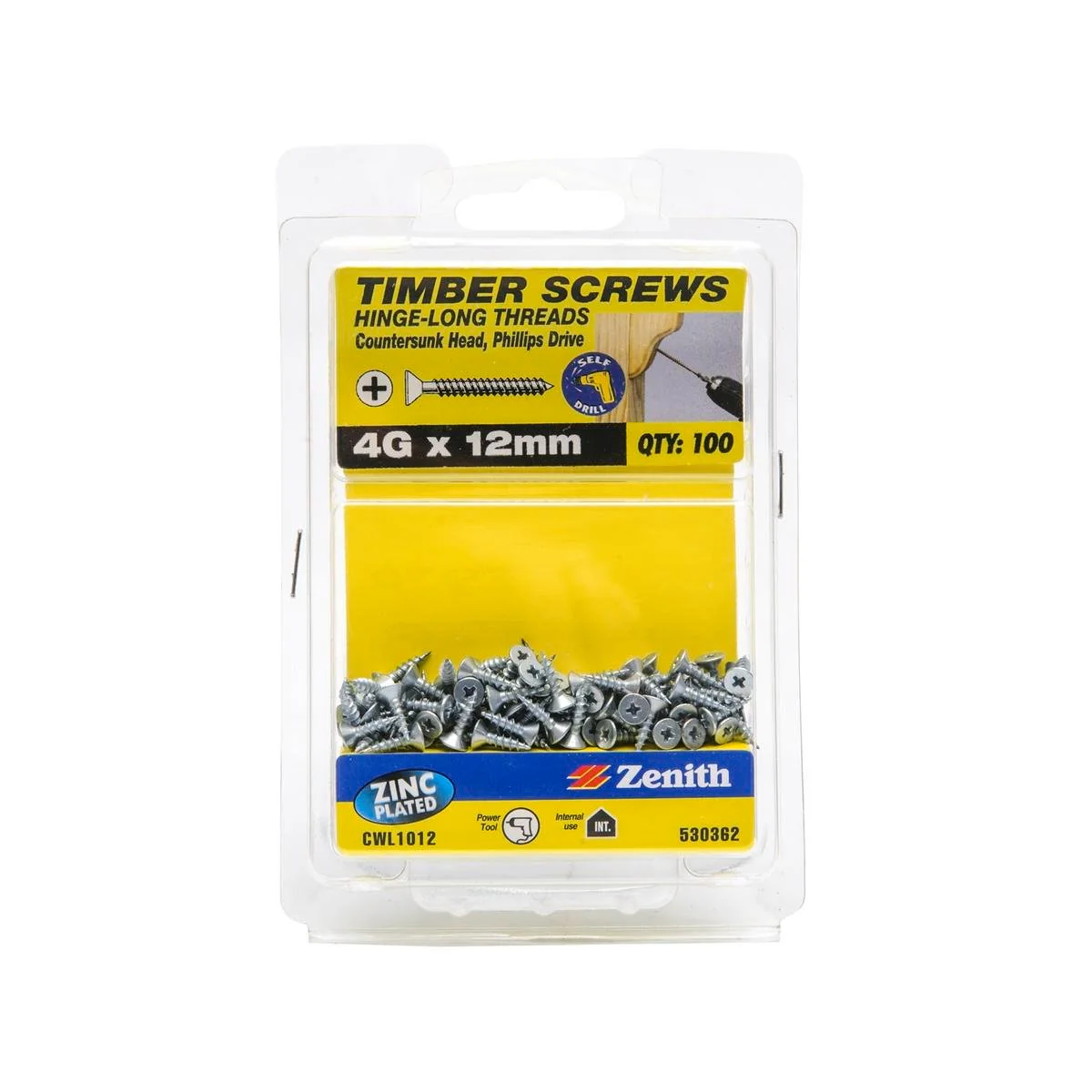 Zenith Hinge Long Thread Screw - 4g x 12mm - Zinc Plated - 100 Pack - Countersunk