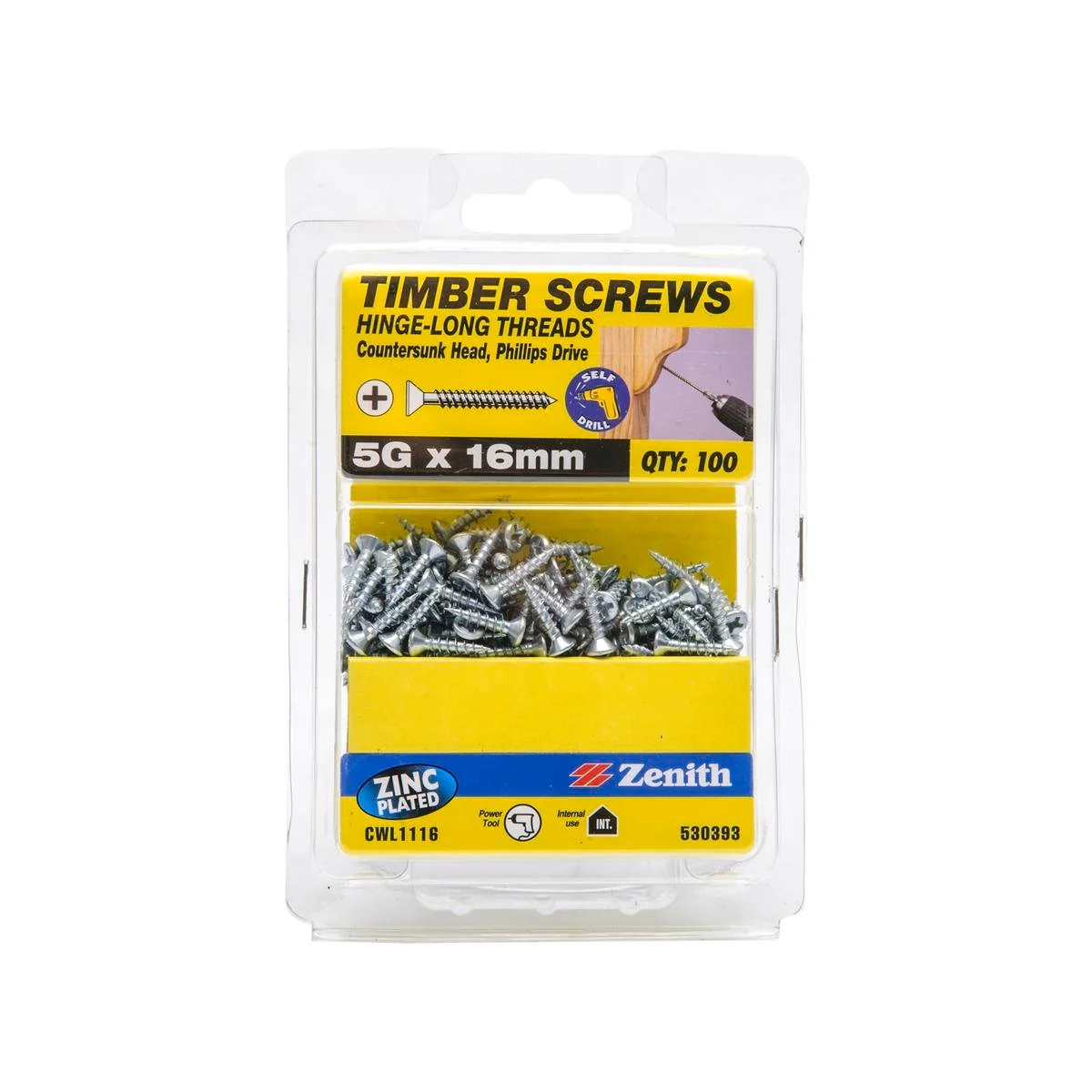Zenith Hinge Long Thread Screw - 5g x 16mm - 100 Pack - Zinc Plated Countersunk