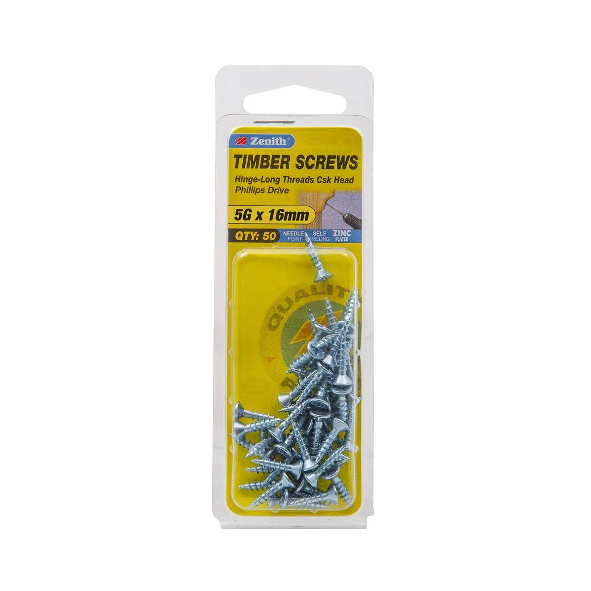 Zenith Hinge Long Thread Screw - 5g x 16mm - Zinc Plated - 50 Pack