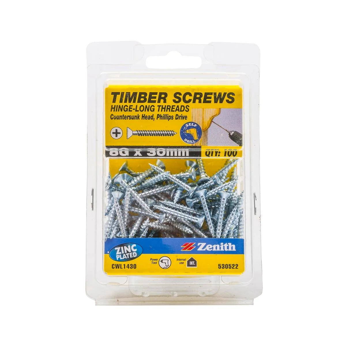Zenith Hinge Long Thread Screw - 8g x 30mm - Zinc Plated - 100 Pack