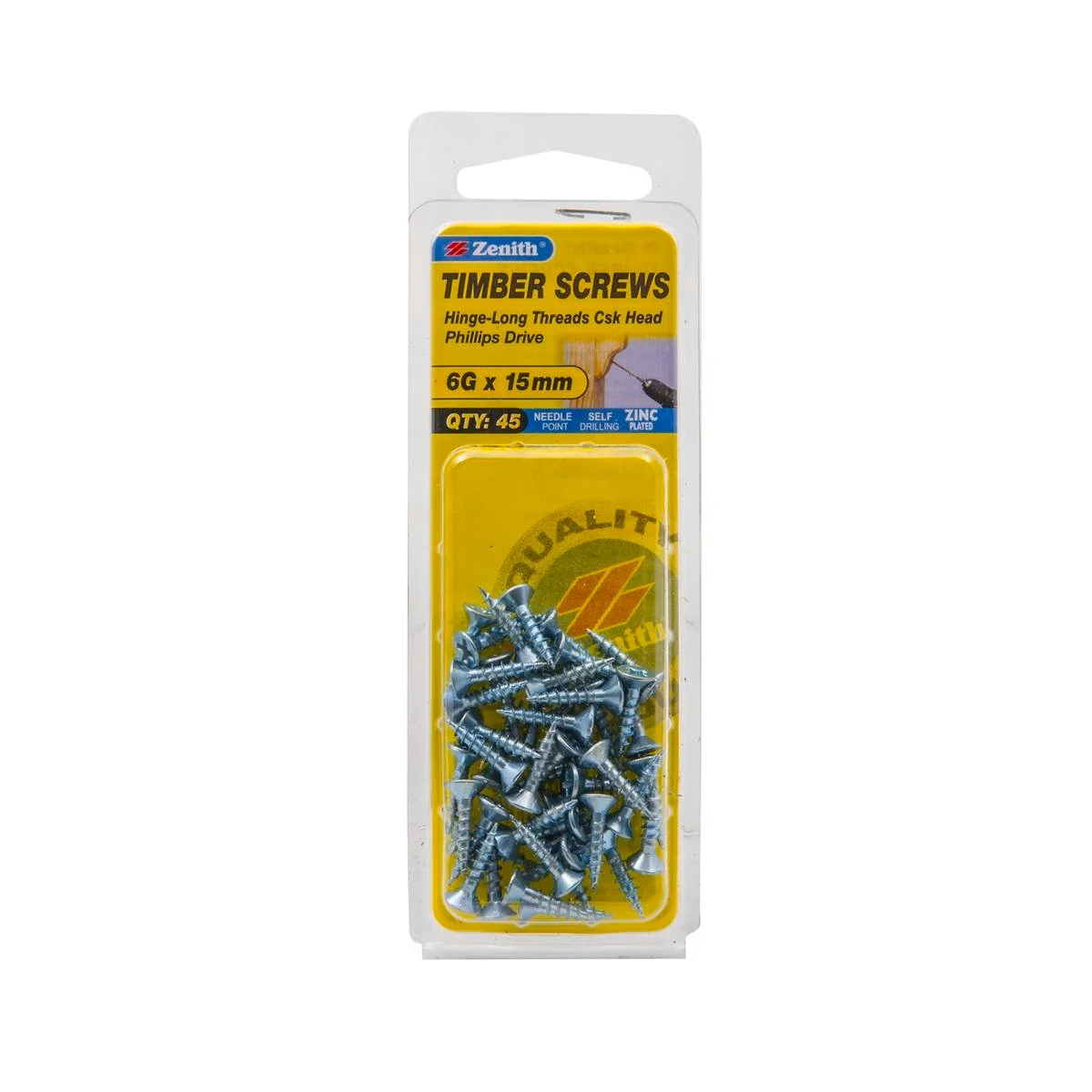 Zenith Hinge Long Thread Screws - 6g x 15mm - Zinc Plated - 45 Pack