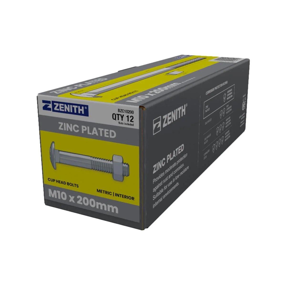 Zenith M10 x 200mm Zinc Plated Cup Head Bolts and Nuts 12 Pack - Secure Fastening Solutions