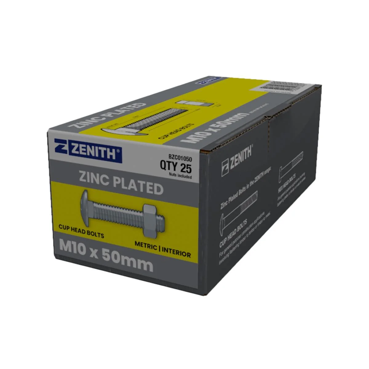 Zenith M10 x 50mm Zinc Plated Cup Head Bolts Nuts 25 Pack - Reliable Fastening