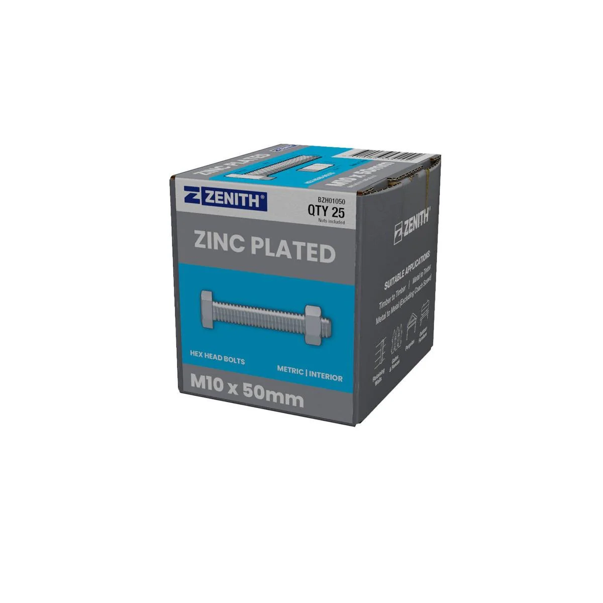 Zenith M10 x 50mm Zinc Plated Hex Head Bolts and Nuts 25 Pack - Durable Fastening Solutions