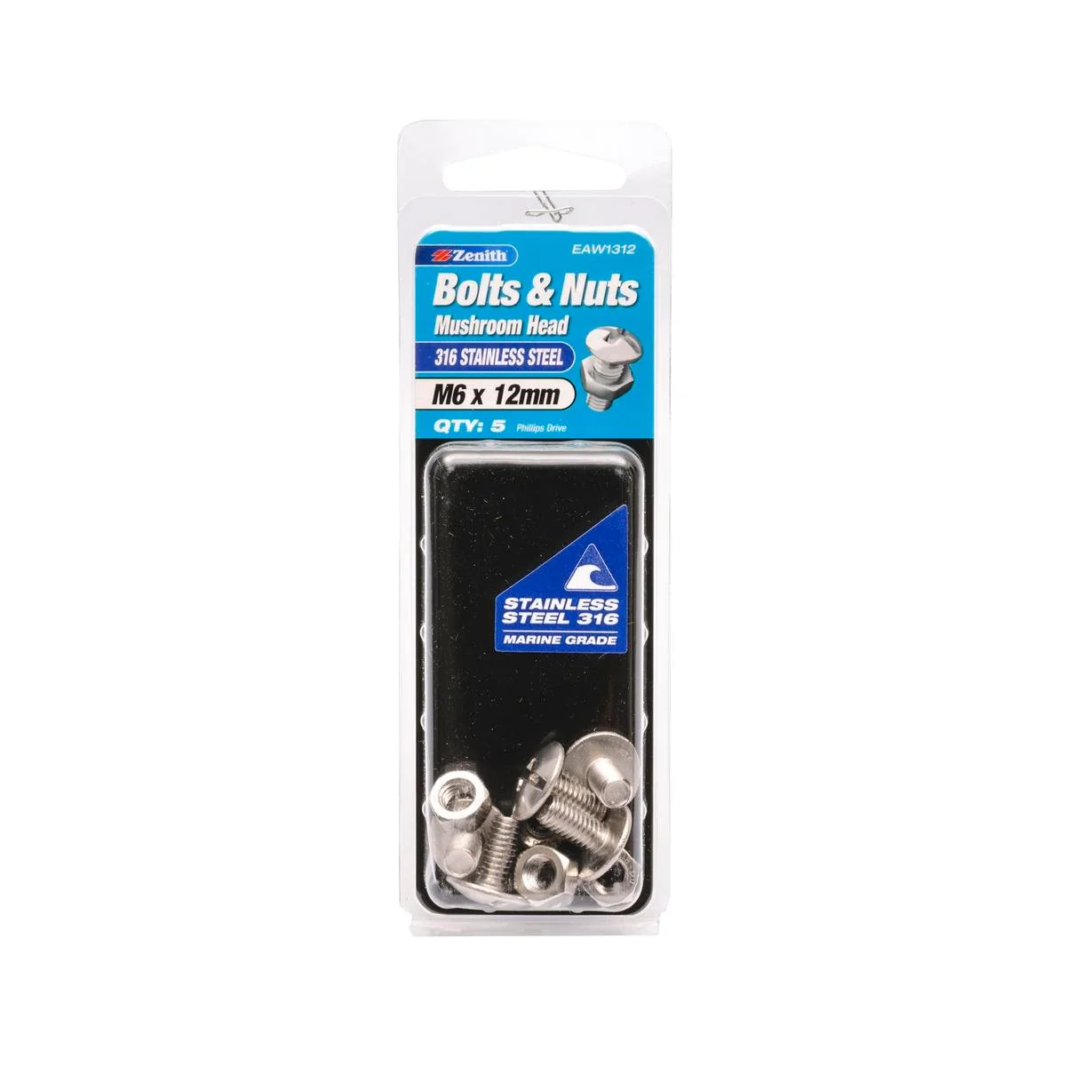 Zenith M6 x 12mm Mushroom Head Bolt and Nut 316 Stainless Steel 5 Pack