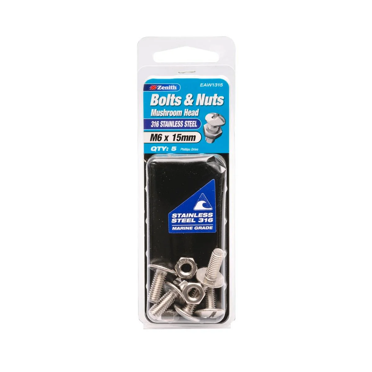 Zenith M6 x 15mm Mushroom Head Bolt and Nut 316 Stainless Steel 5 Pack