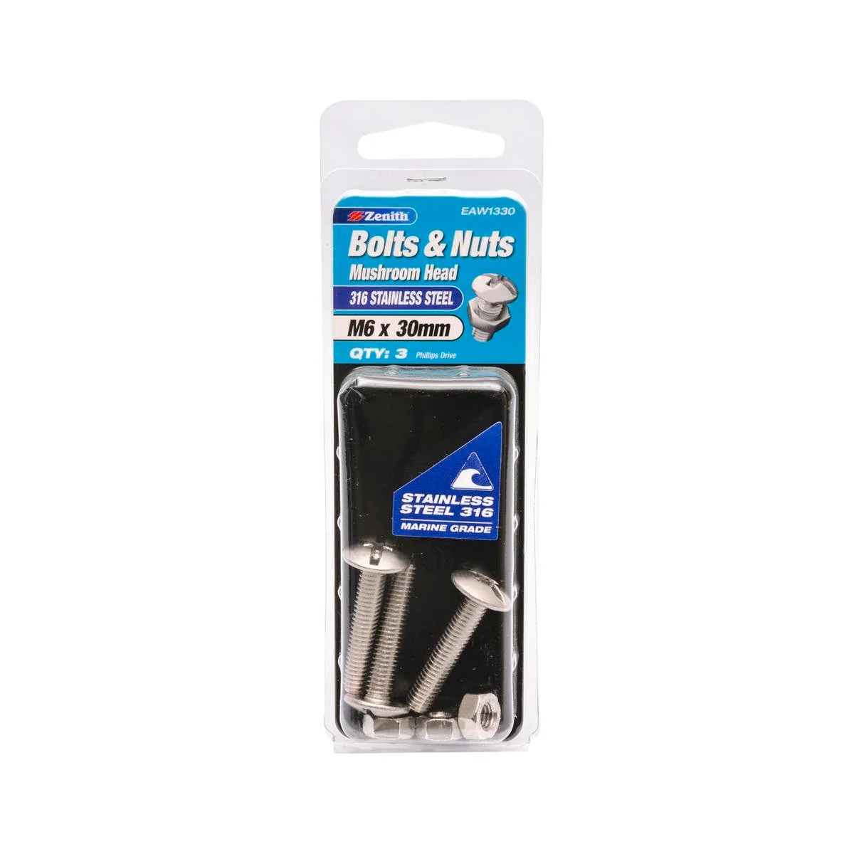 Zenith M6 x 30mm Mushroom Head Bolt and Nut 3 Pack Stainless Steel