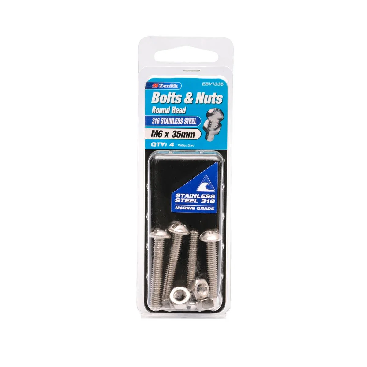 Zenith M6 x 35mm Round Head Bolt and Nut 4 Pack Stainless Steel Corrosion Resistant