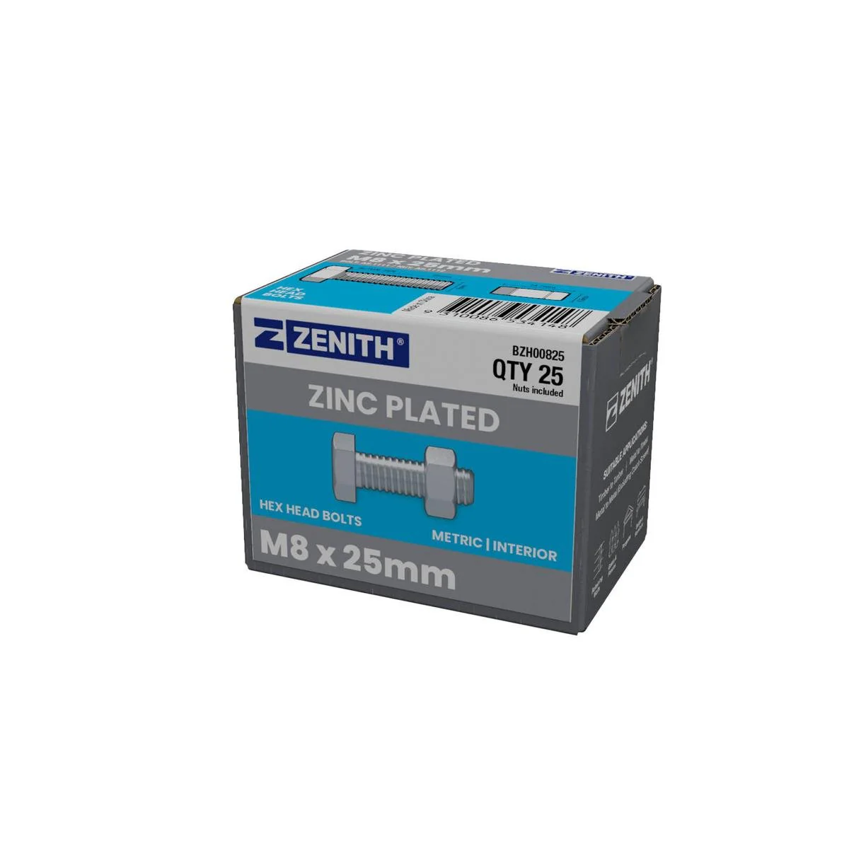 Zenith M8 x 25mm Zinc Plated Hex Head Bolts and Nuts 25 Pack - Durable Fastening Solutions