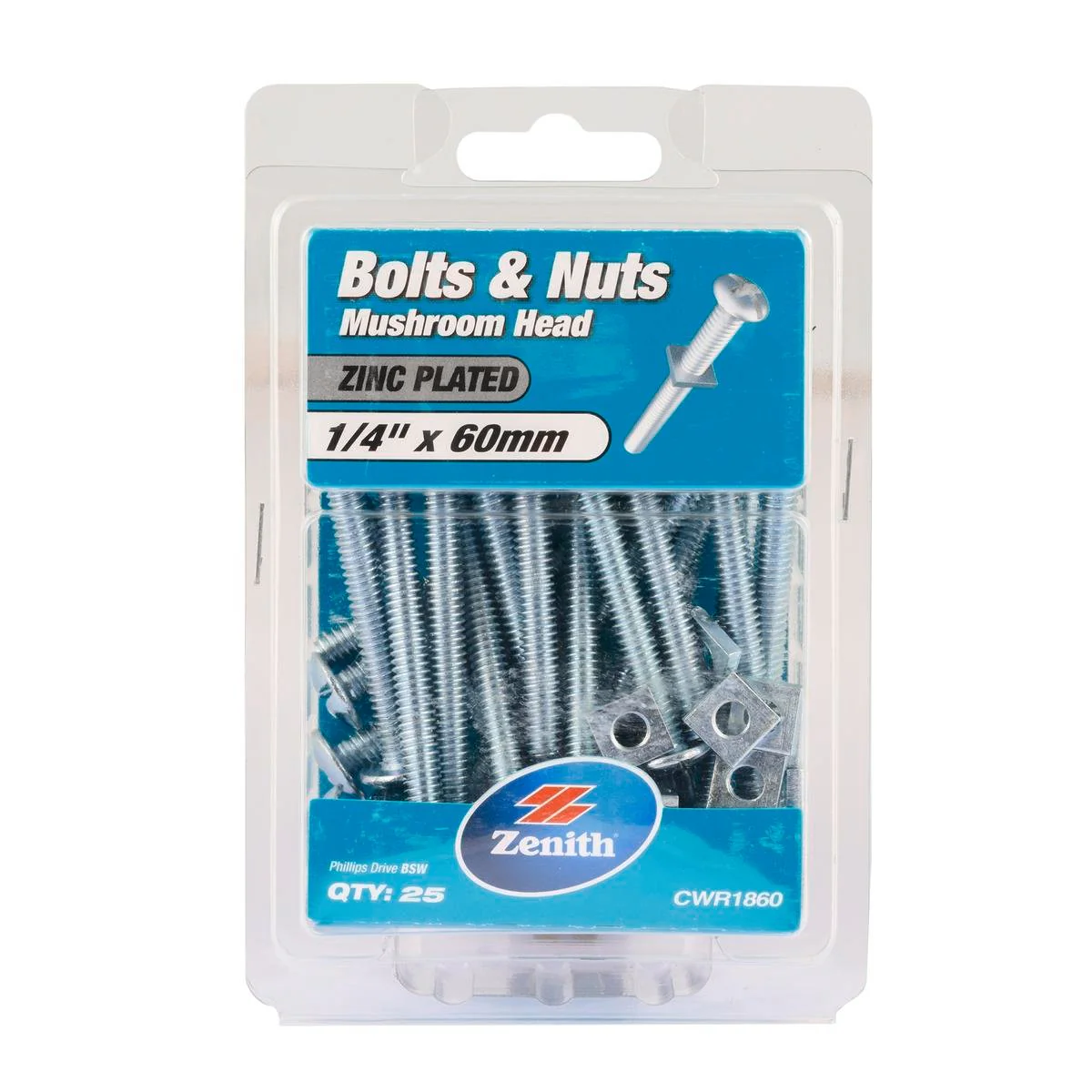 Zenith Mushroom Head Bolt - 1/4" x 60mm - Zinc Plated - 25 Pack