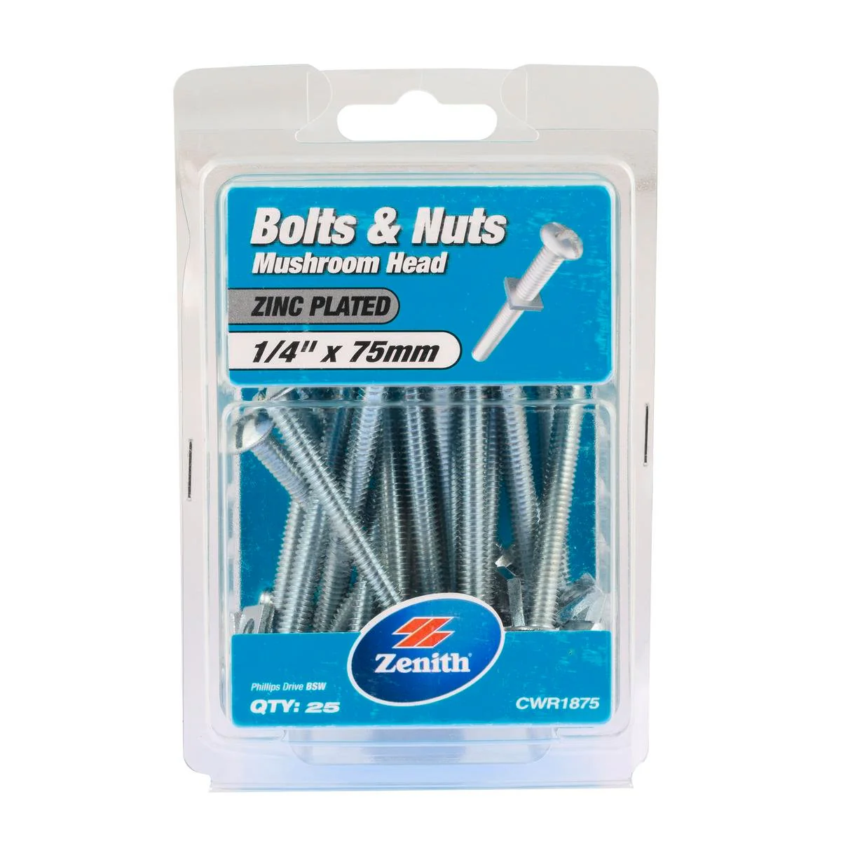 Zenith Mushroom Head Bolt - 1/4" x 75mm - Zinc Plated - 25 Pack