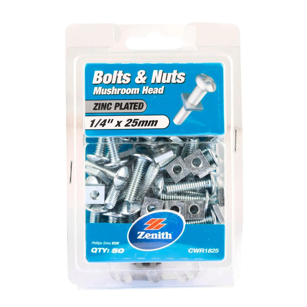 Zenith Mushroom Head Bolt - 1/4"x25mm - Zinc Plated - 50 Pack