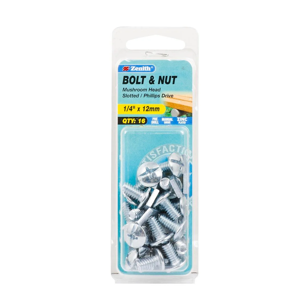Zenith Mushroom Head Bolt & Nut - 1/4 x 12mm - Zinc Plated - 16 Pack