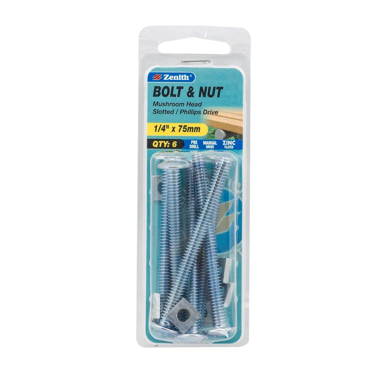 Zenith Mushroom Head Bolt & Nut - 1/4 x 75mm - 6 Pack - Zinc Plated