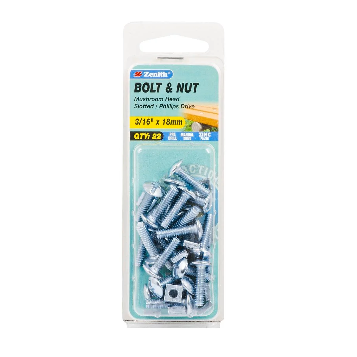 Zenith Mushroom Head Bolt & Nut - 3/16 x 18mm - Zinc Plated - 22 Pack