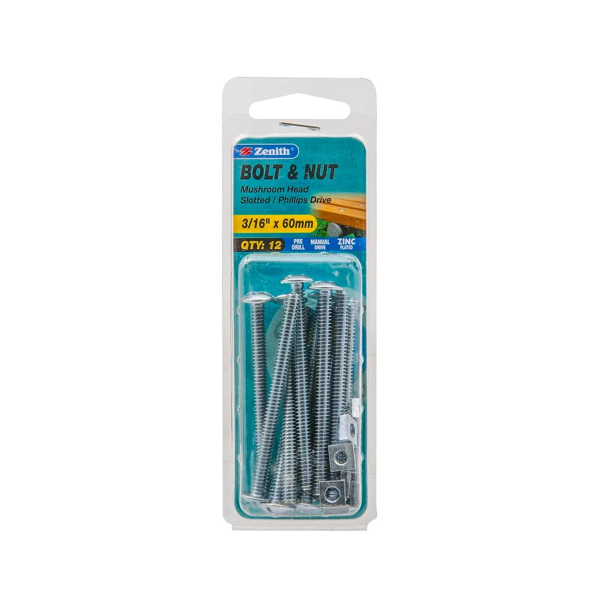 Zenith Mushroom Head Bolt & Nut - 3/16 x 60mm - 12 Pack - Zinc Plated