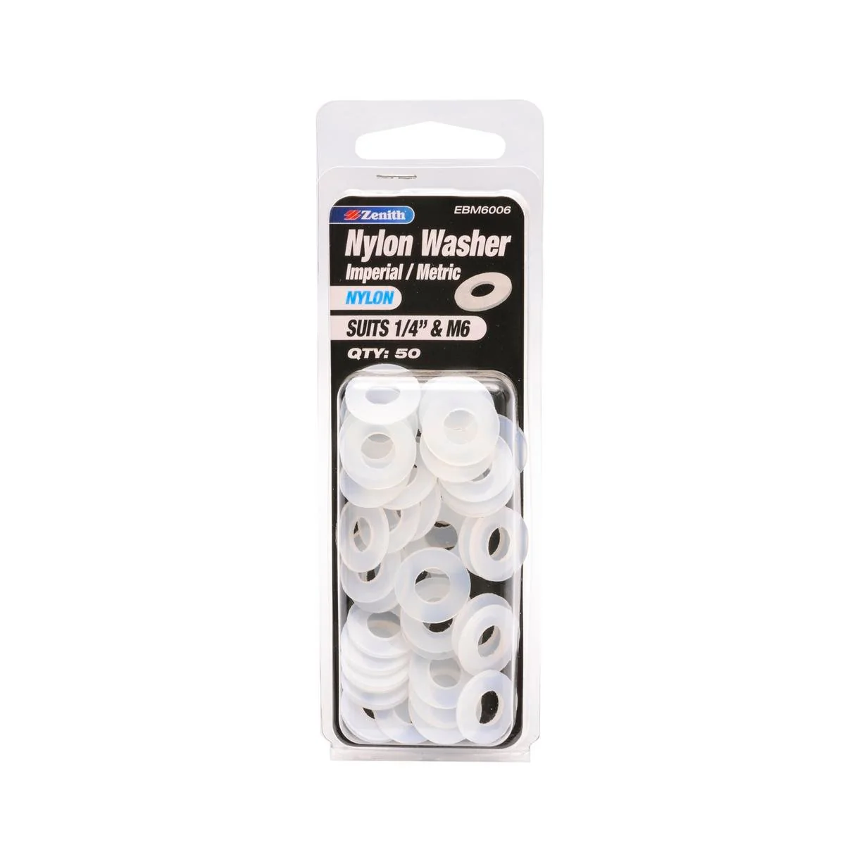 Zenith Nylon Washer 50 Pack - 1/4" & M6 - White