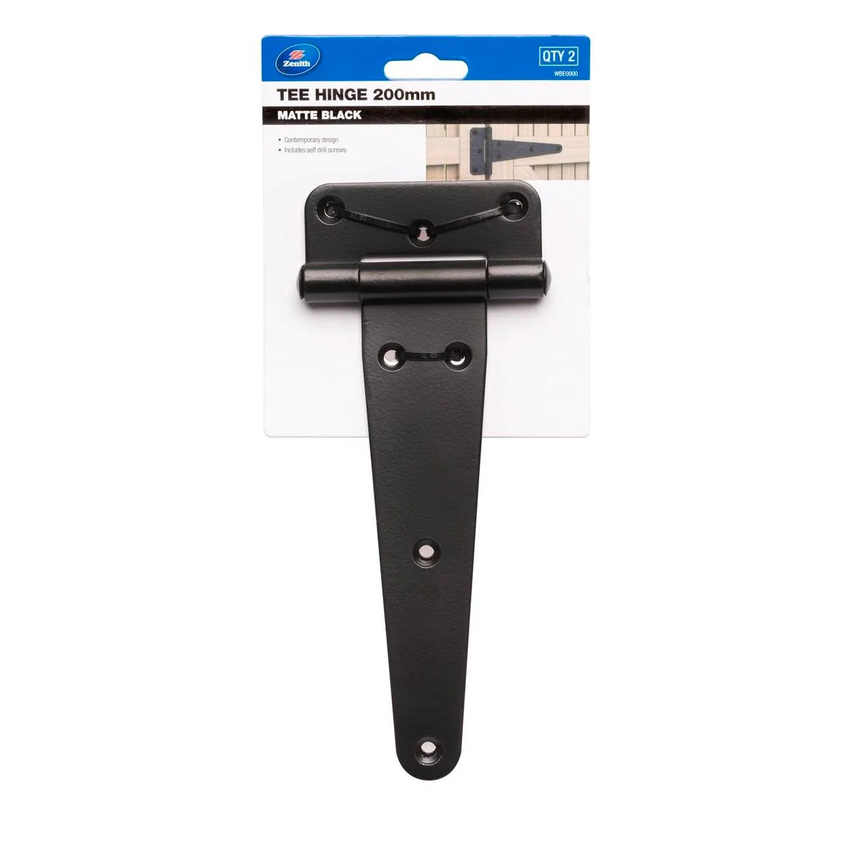 Zenith 200mm Matte Black Tee Gate Hinge 2 Pack - Heavy-Duty Steel