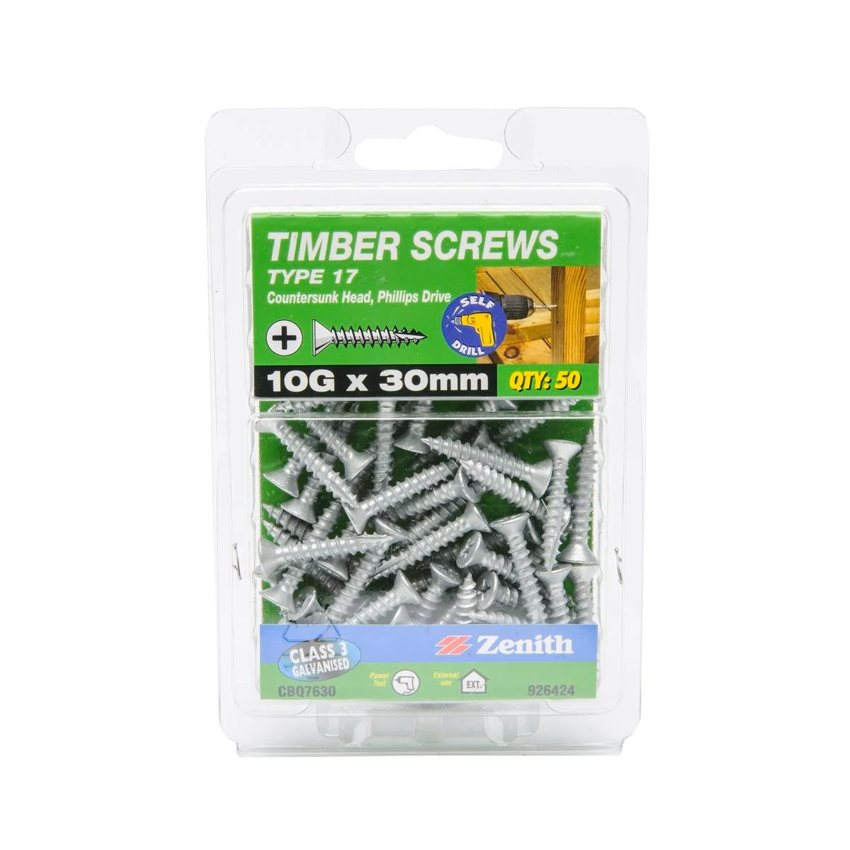 Zenith Timber Screws 10g x 30mm Galvanised Type 17 50 Pack