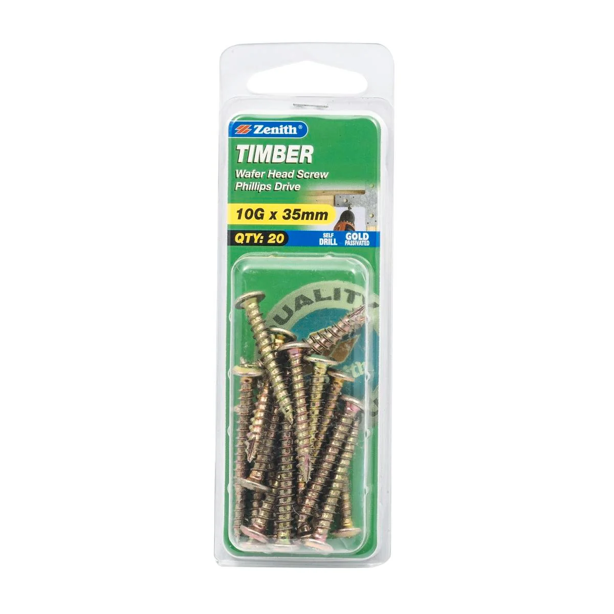 Zenith Timber Screws - 10g x 35mm - 20 Pack - Gold Passivated - Wafer Head