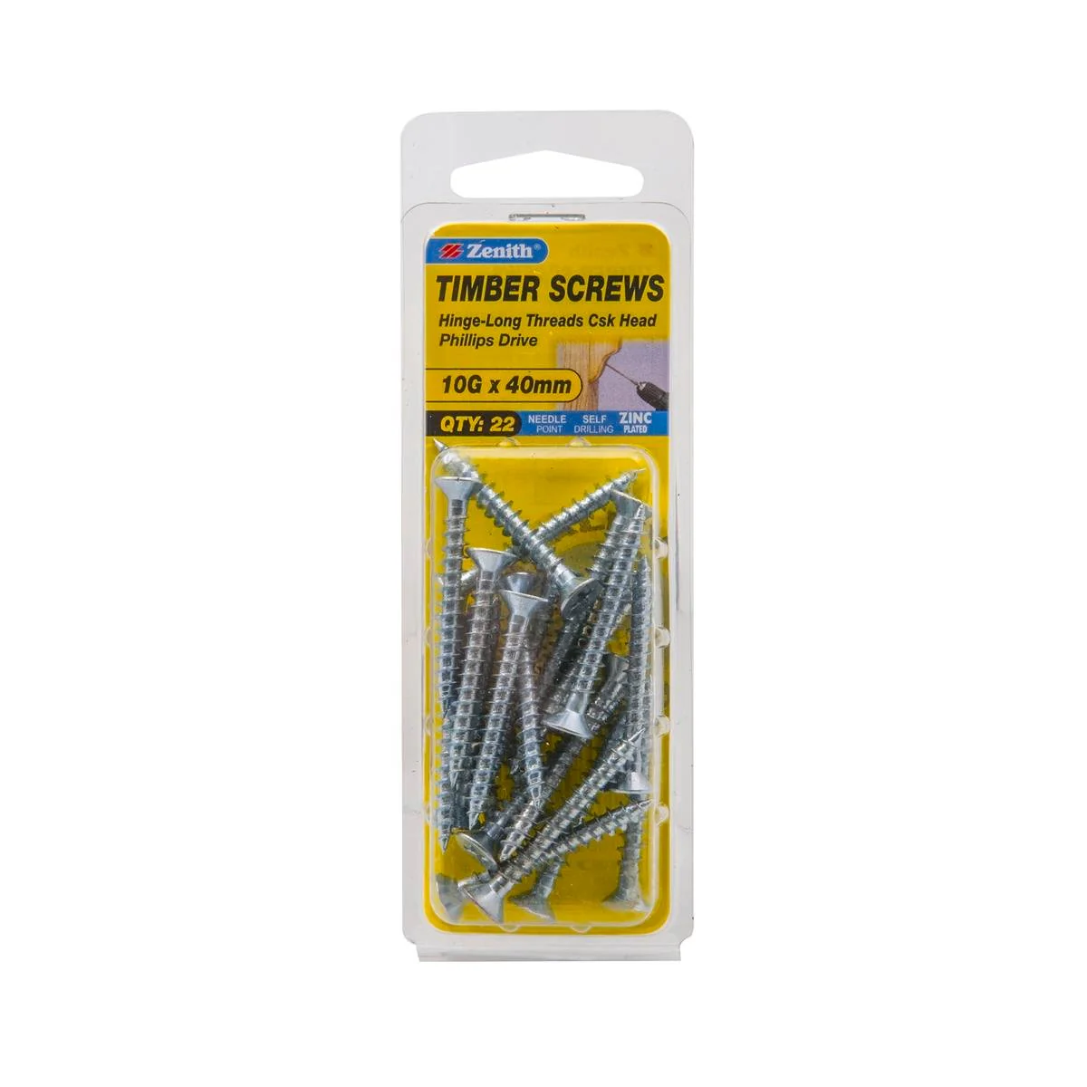 Zenith Timber Screws - 10g x 40mm - 22 Pack - Zinc Plated - Countersunk Head