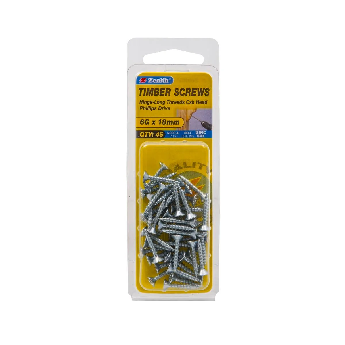 Zenith Timber Screws - 20mm x 6g - Zinc Plated - Countersunk Head - 45 Pack