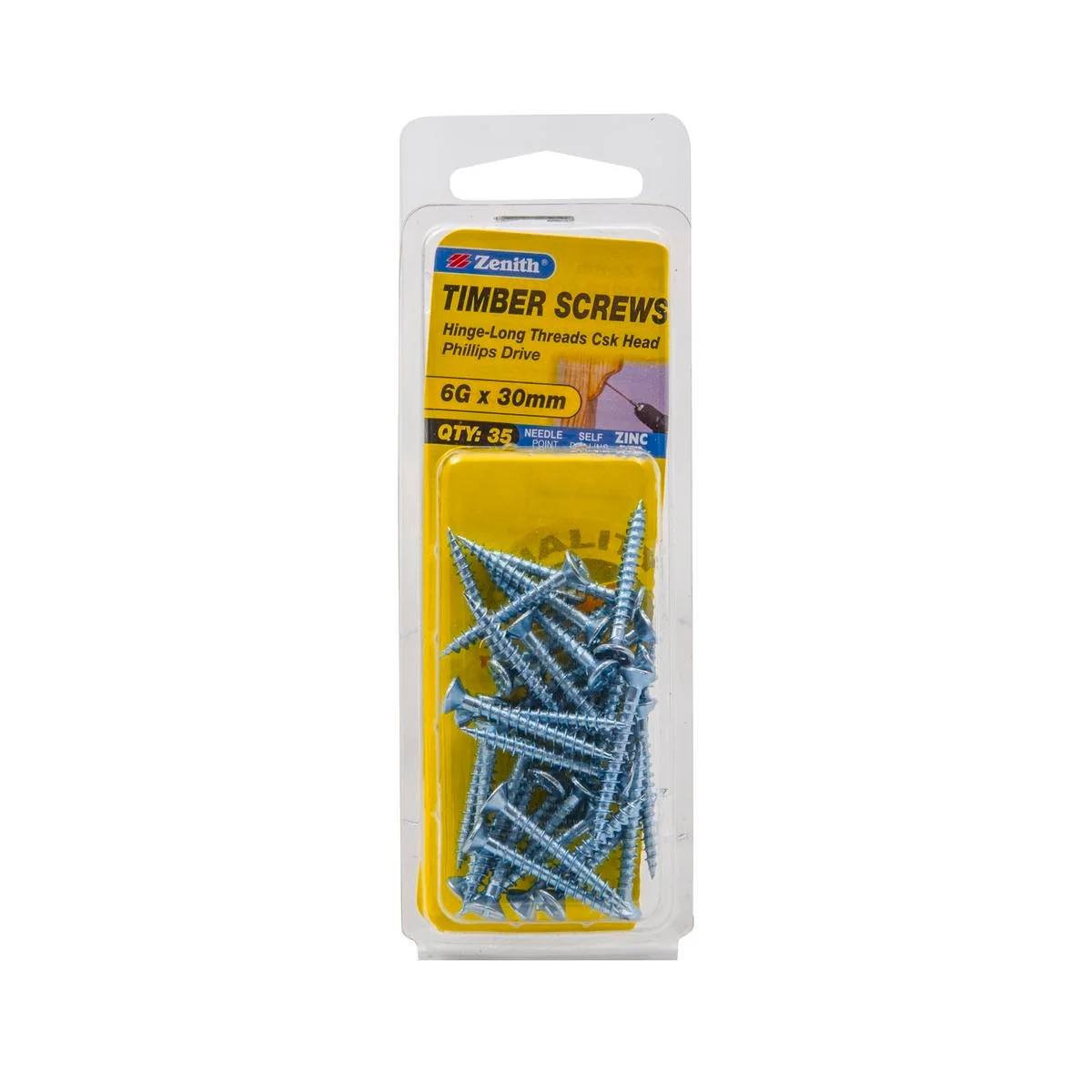 Zenith Timber Screws - 6g x 30mm - Zinc Plated - Countersunk Head - 35 Pack