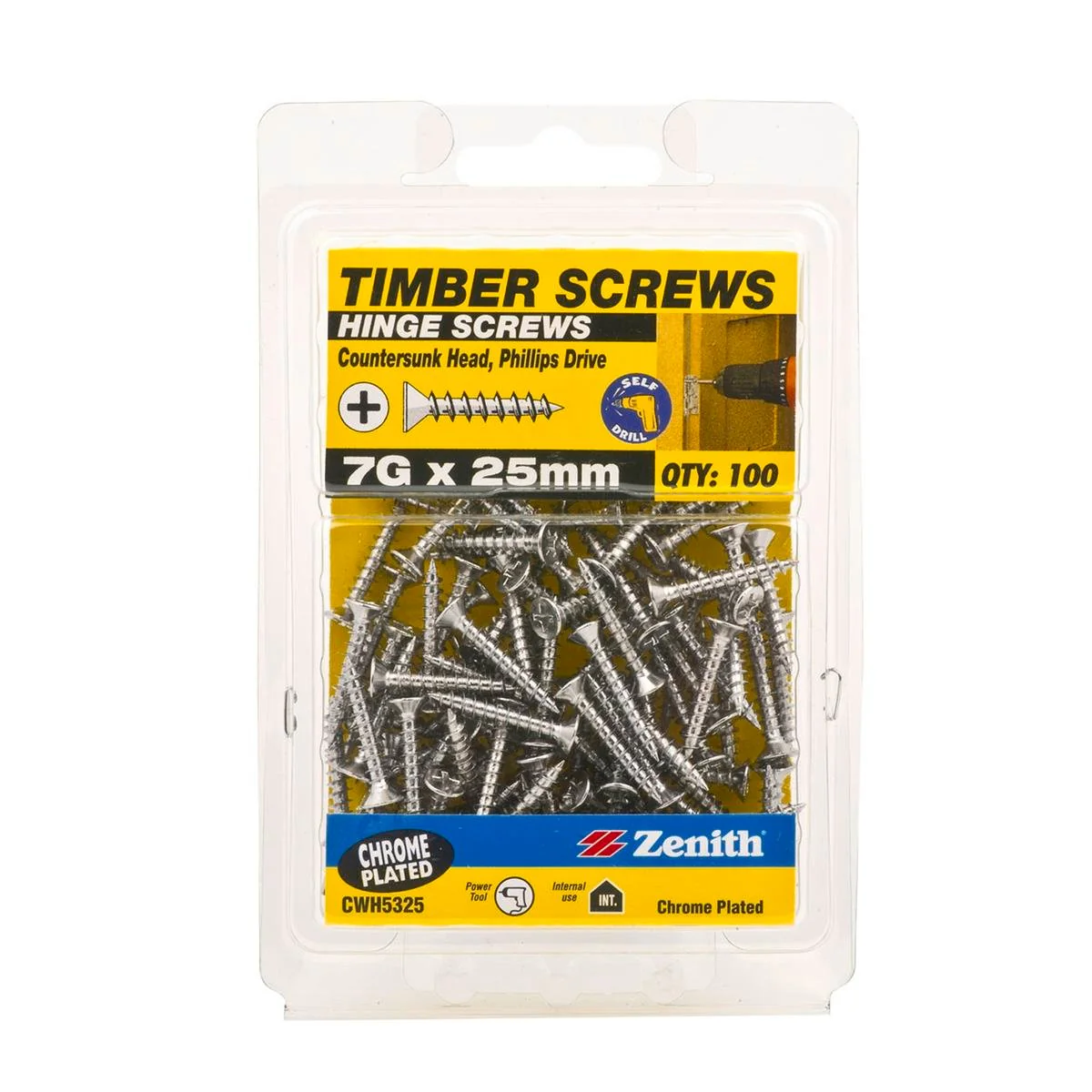 Zenith Timber Screws - 7g x 25mm Chrome Plated - 100 Pack - Flush Finish