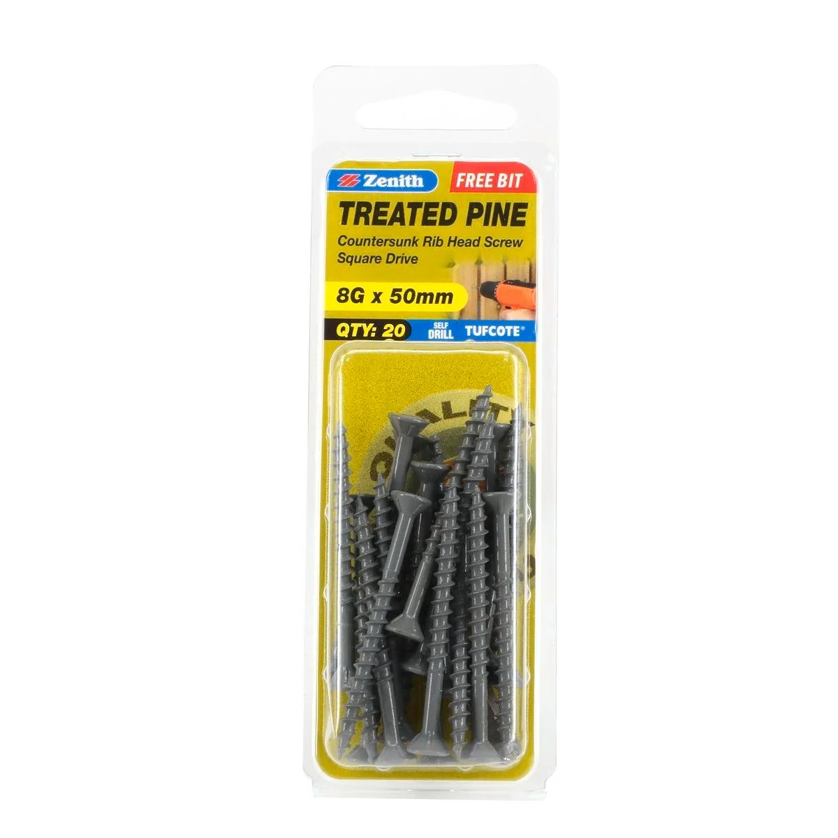 Zenith Treated Pine Screws - 8g x 50mm - Carbon Steel - 20 Pack - Tufcote